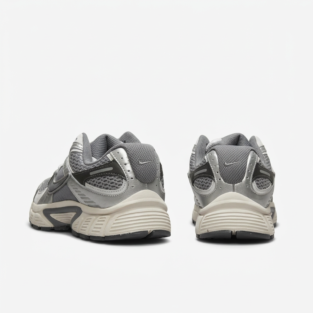 Silver grey Nike sneakers with cream ribbed midsoles, rear view on white