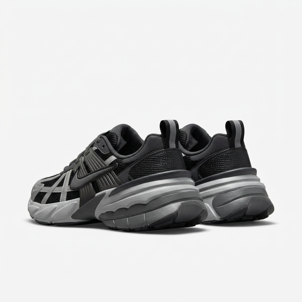 Black Nike sneakers with grey chunky soles and heel tabs, rear view on white