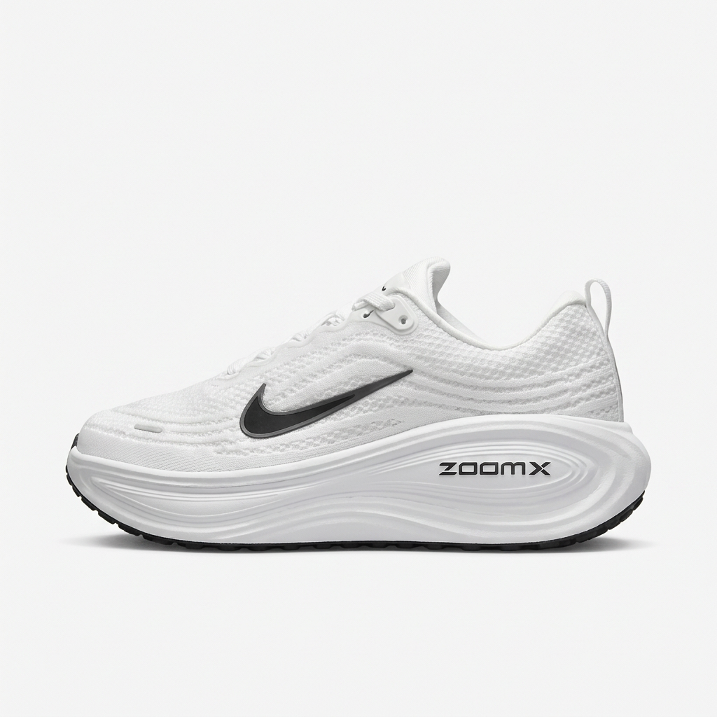 Nike ZoomX low-top sneaker in white with a black Swoosh, side view