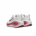 White Nike sneakers with pink sculpted soles and heel loops, rear angled view on white background