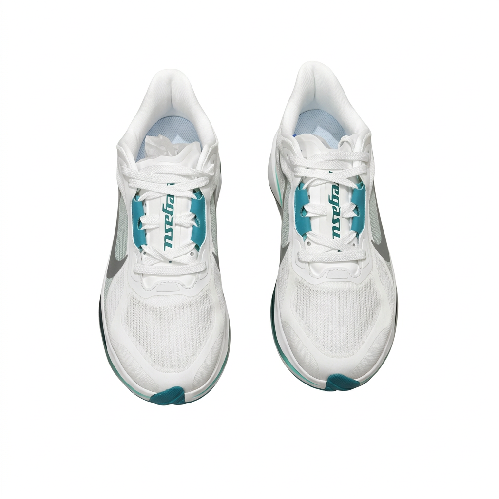 Top view of white Nike sneakers with white laces, teal tongue accents and grey-green side panels on white.