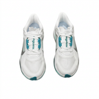 Top view of white Nike sneakers with white laces, teal tongue accents and grey-green side panels on white.