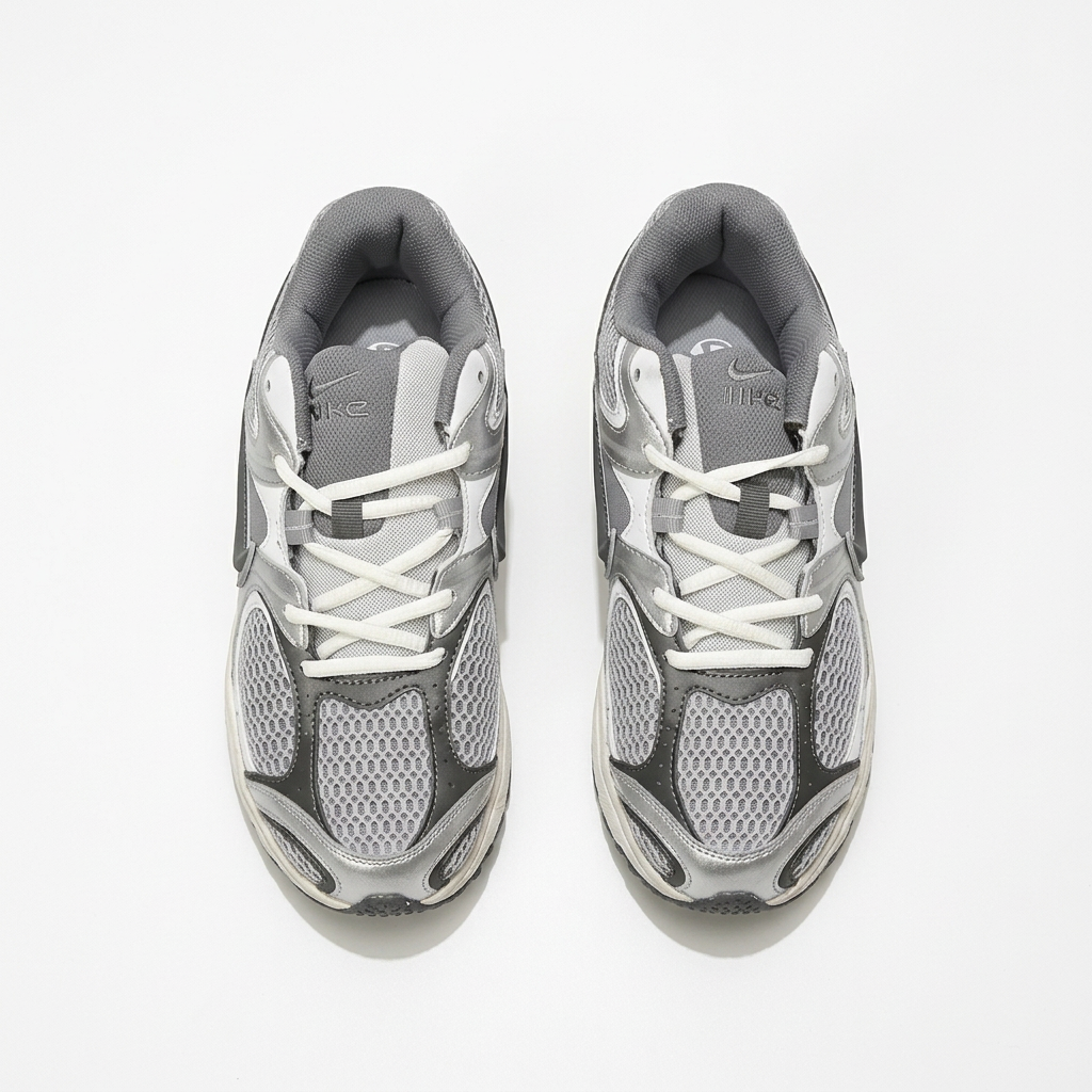 Silver grey Nike mesh sneakers, top view on white background