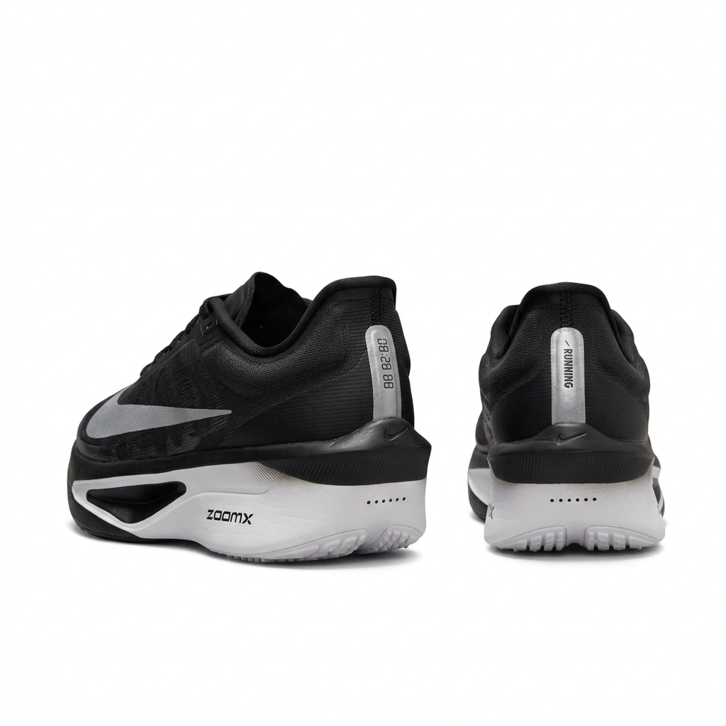Black Nike sneakers with white soles, rear view on white background