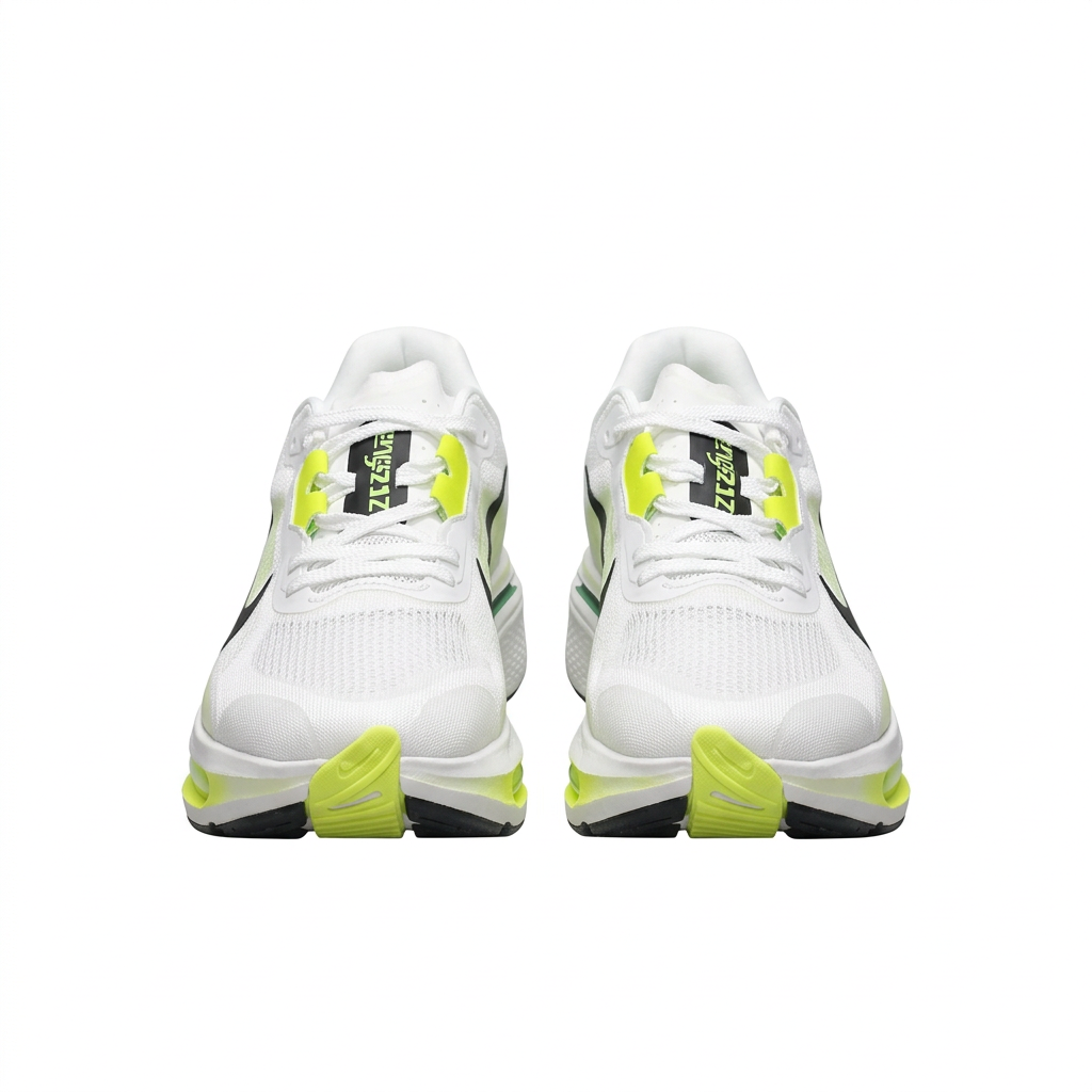 Front view of white Nike sneakers with white laces and neon lime accents on white.
