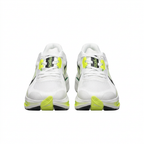 Front view of white Nike sneakers with white laces and neon lime accents on white.