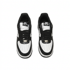 Top view of black and white Nike Air Force 1 sneakers with black laces on white.