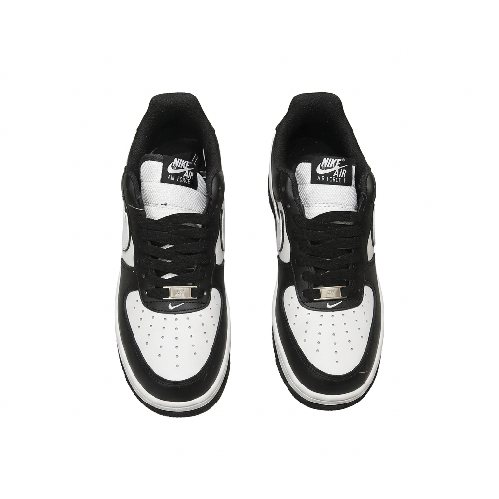 Top view of black and white Nike Air Force 1 sneakers with black laces on white.