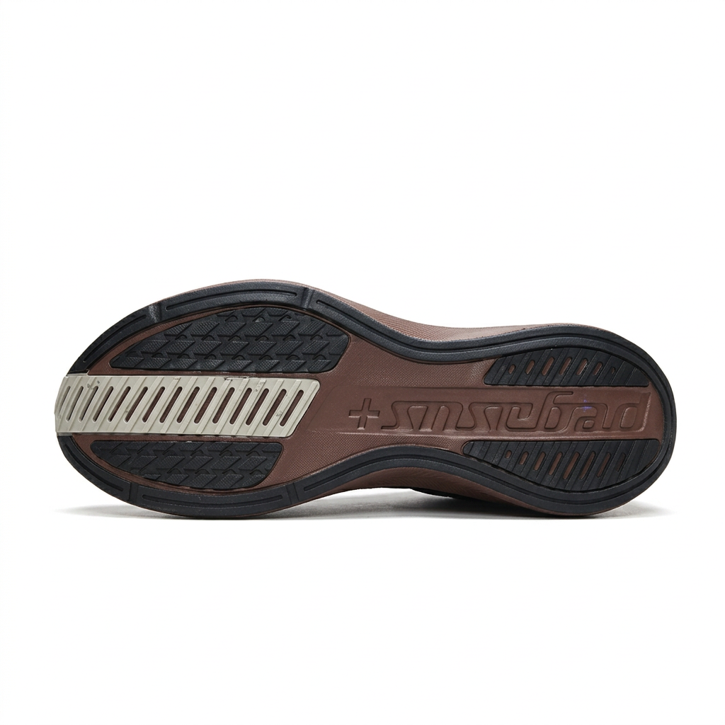 Nike sneaker outsole with black tread sections, brown center and cream forefoot insert on white.