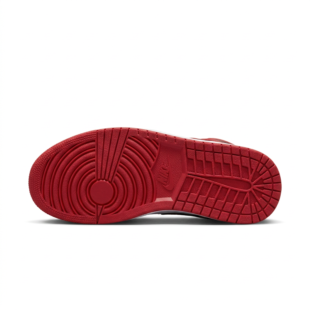 Red Air Jordan 1 Low outsole with patterned tread on white background