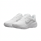 White Nike Pegasus sneaker pair with silver-grey Swooshes, angled view on white background