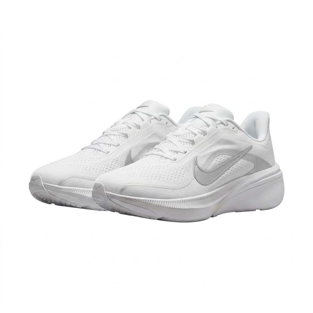 White Nike Pegasus sneaker pair with silver-grey Swooshes, angled view on white background
