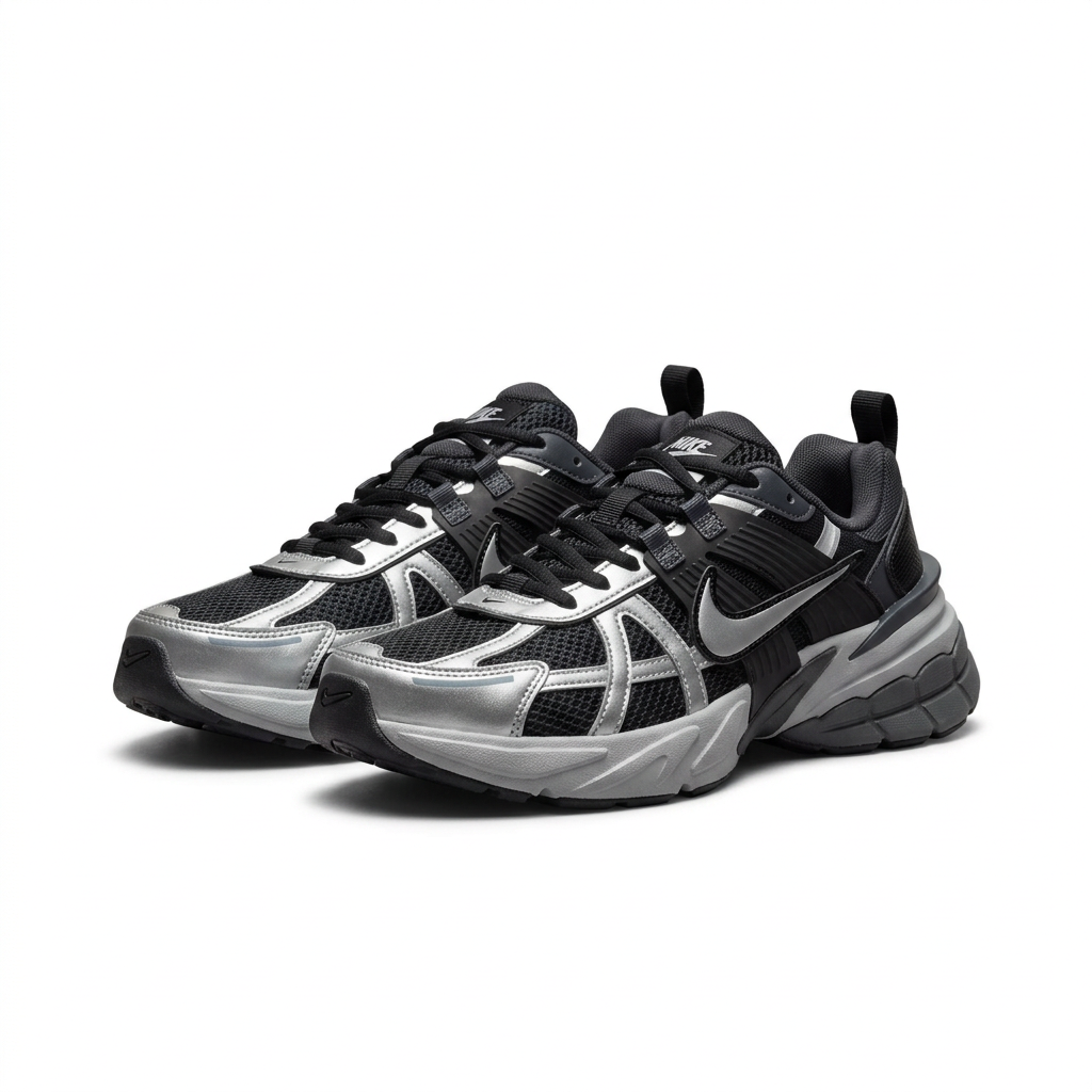 Black and metallic silver Nike chunky sneakers, angled view on white background