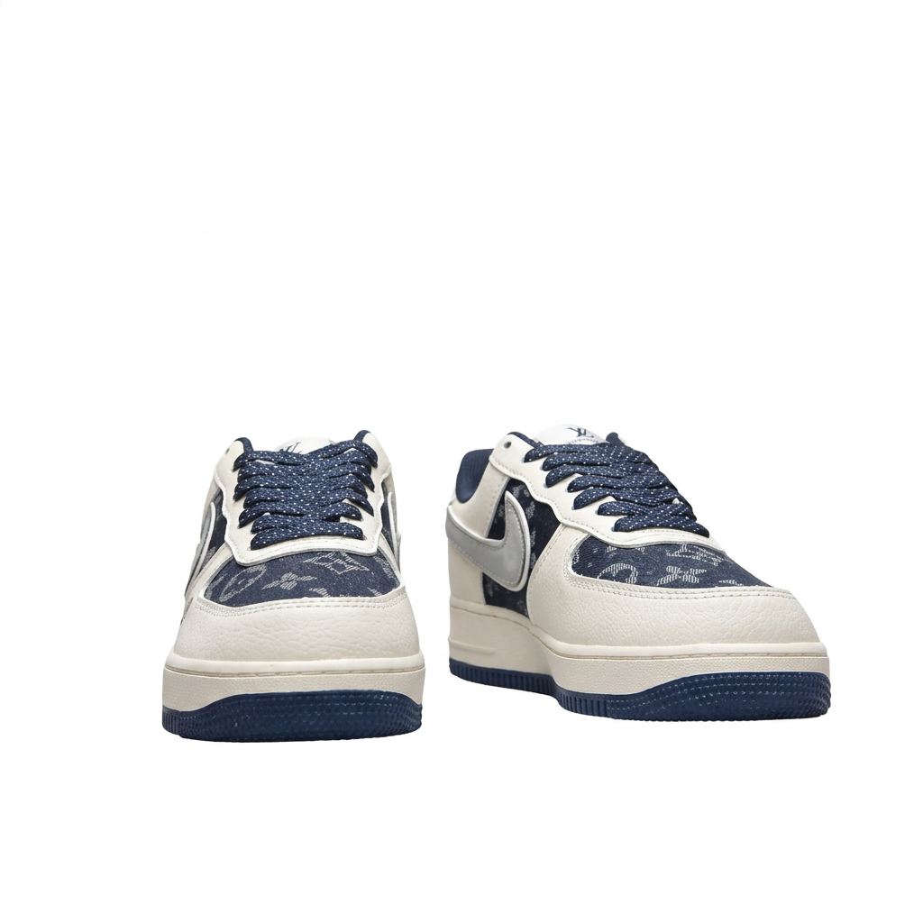 Front view of cream and navy patterned sneakers with navy speckled laces on white.