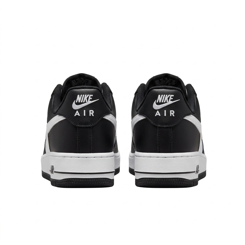 Rear view of black and white Nike sneakers with Nike Air heel branding on white.