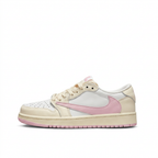Cream white and pink low-top sneaker with reverse pink Swoosh, side view on white