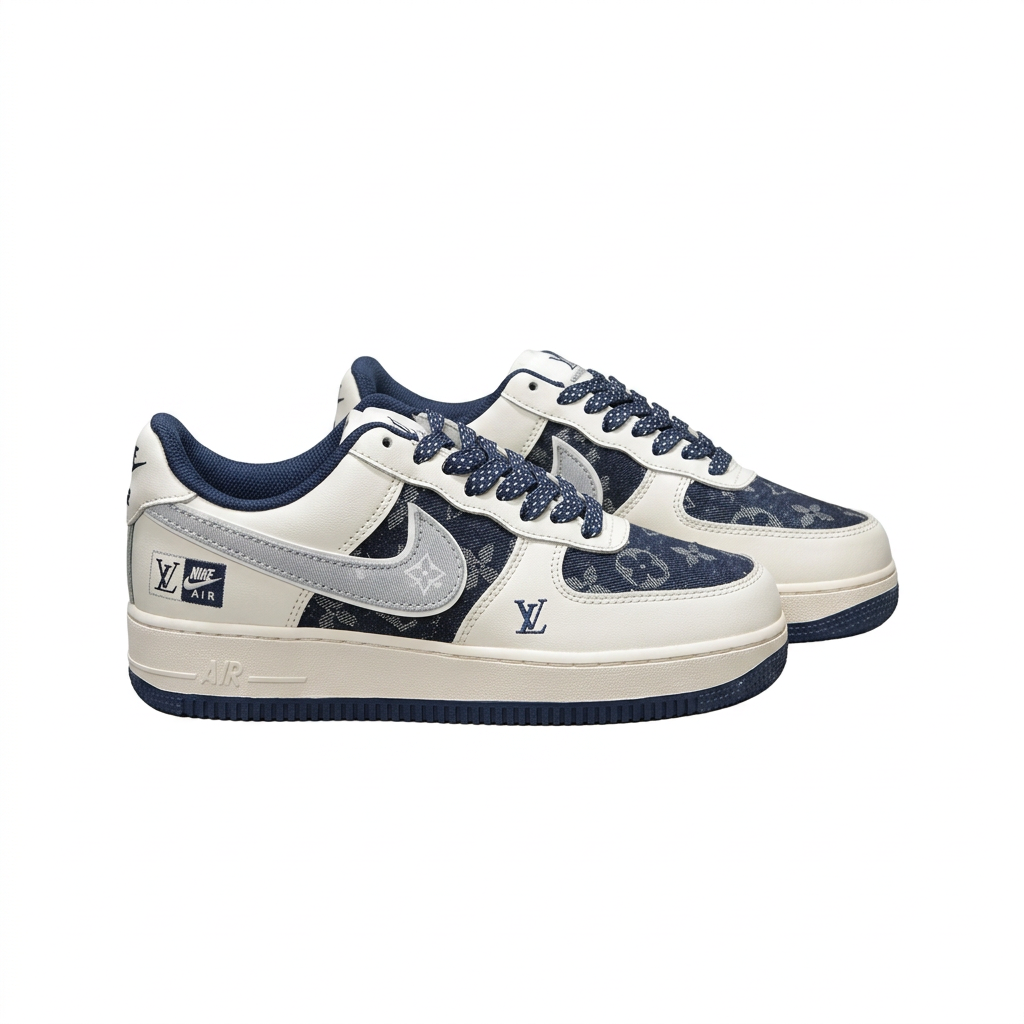 Pair of cream and navy patterned Nike sneakers with grey Swoosh details on white.