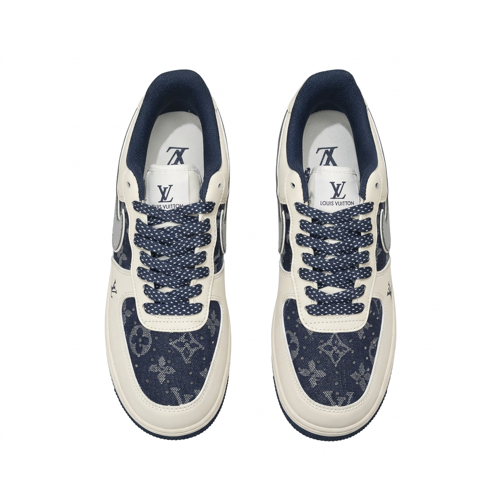 Top view of cream and navy patterned low-top sneakers with navy speckled laces on white.