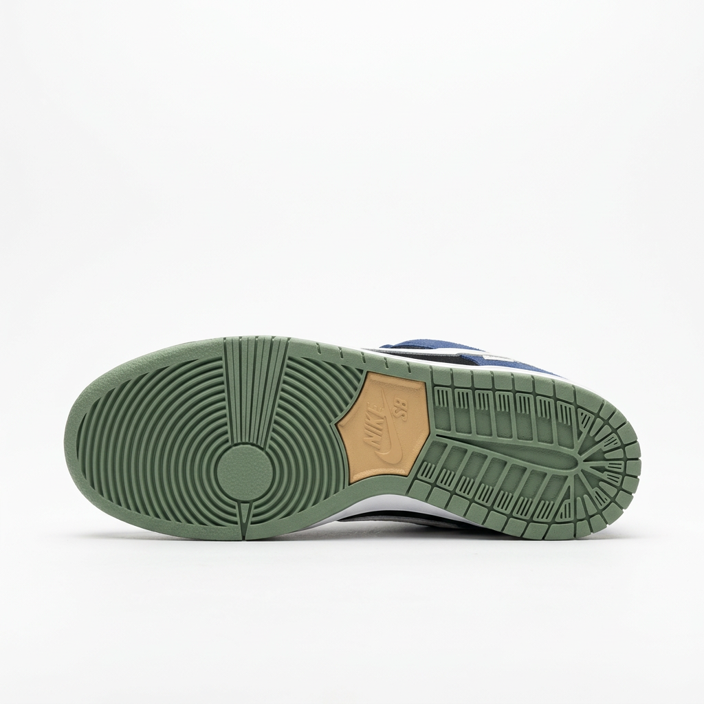 Grey outsole of the Nike navy blue and black suede low-top sneaker