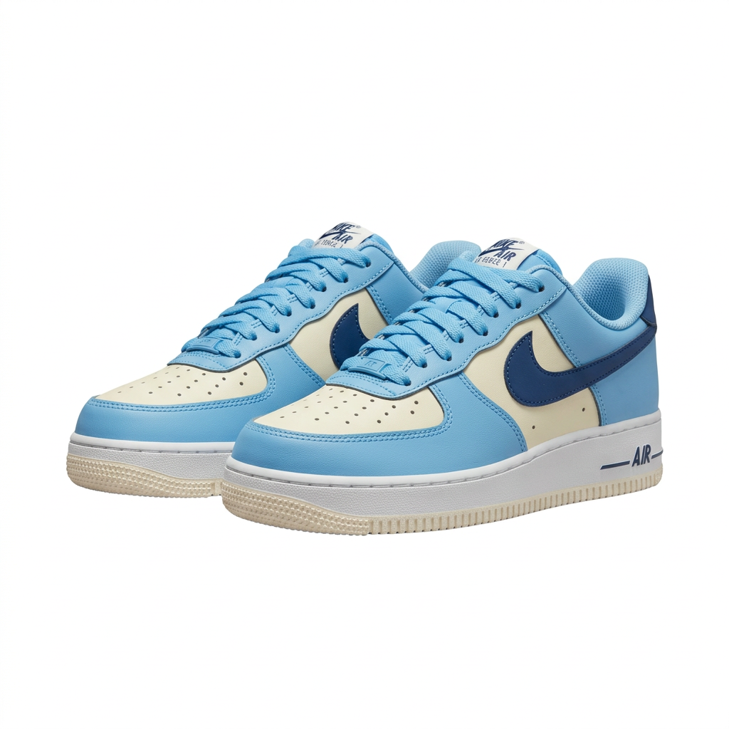 Light blue and cream Nike Air Force 1 pair with navy Swooshes, angled view on white background