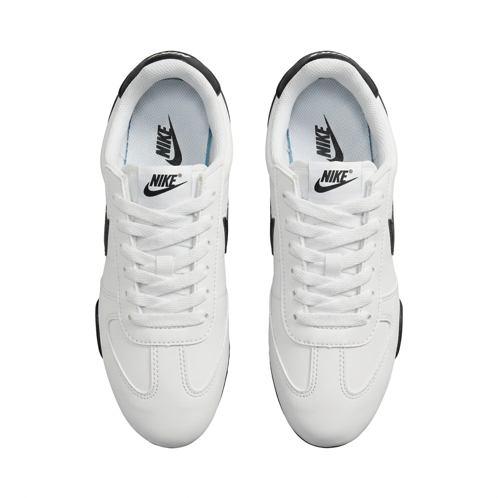 Top view of white Nike low-top sneakers with white laces and black tongue logos on white.