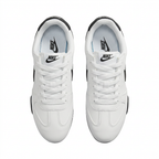 Top view of white Nike low-top sneakers with white laces and black tongue logos on white.