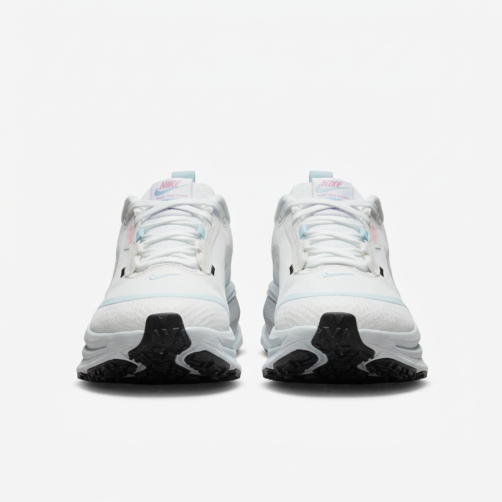 White Nike sneakers with white laces, front view on white background