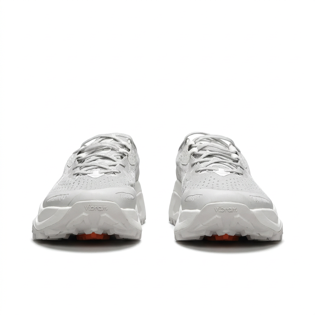 Light grey and white Nike ACG sneakers, front view on white background