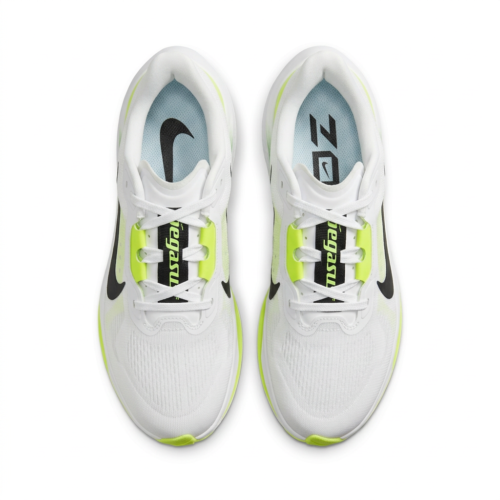 Top view of white Nike sneakers with neon lime lace accents and black Swoosh details on white.