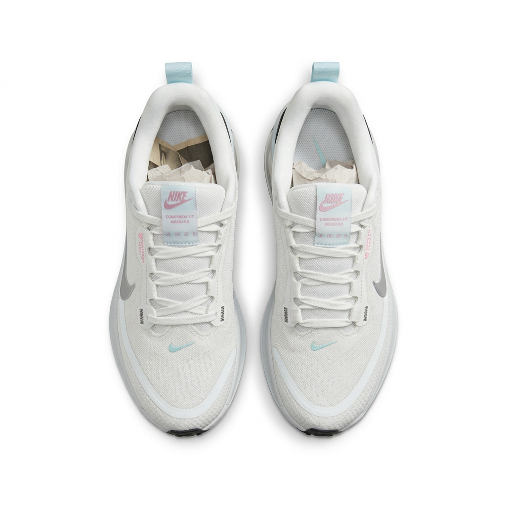 White and ice-blue Nike sneakers, top view on white background
