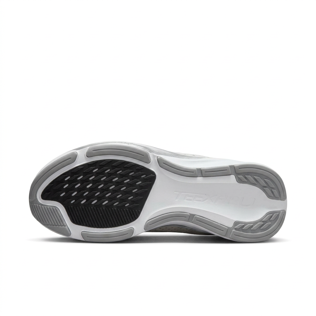 White grey and black Nike sneaker outsole with patterned tread on white background