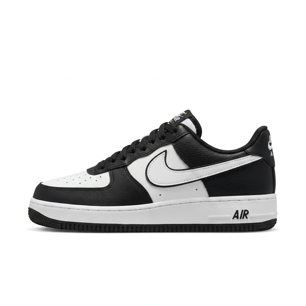 Black and white Nike Air Force 1 low-top sneaker with toe pointing left on a white background.