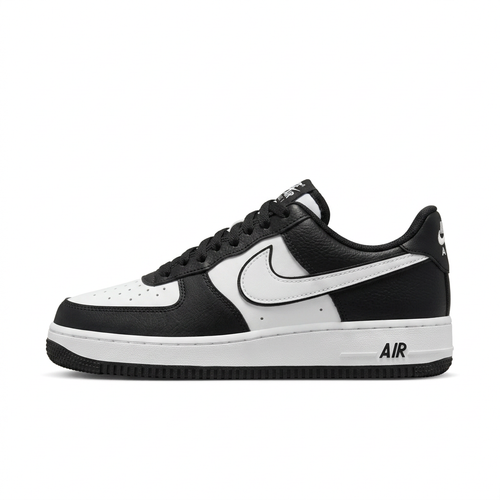 Black and white Nike Air Force 1 low-top sneaker with toe pointing left on a white background.