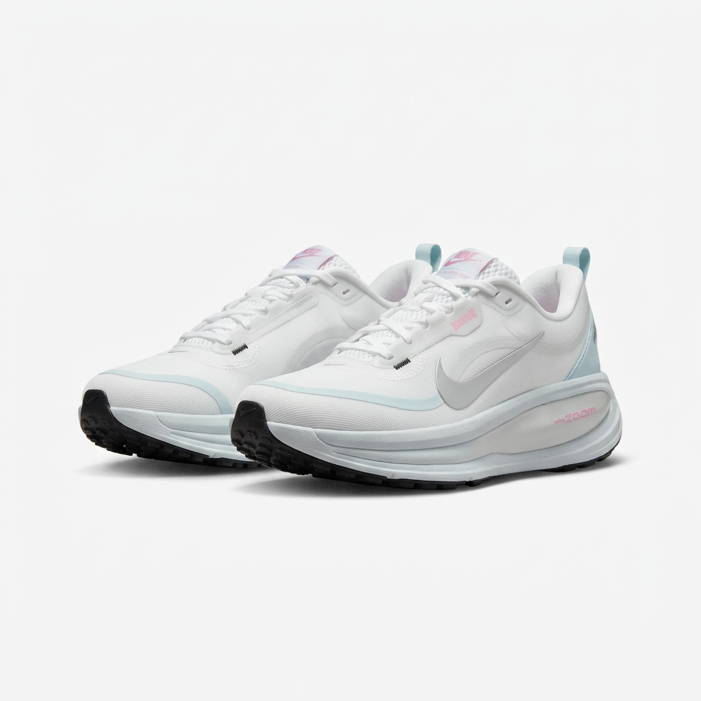 White Nike sneakers with sculpted soles and ice-blue accents, angled view on white background