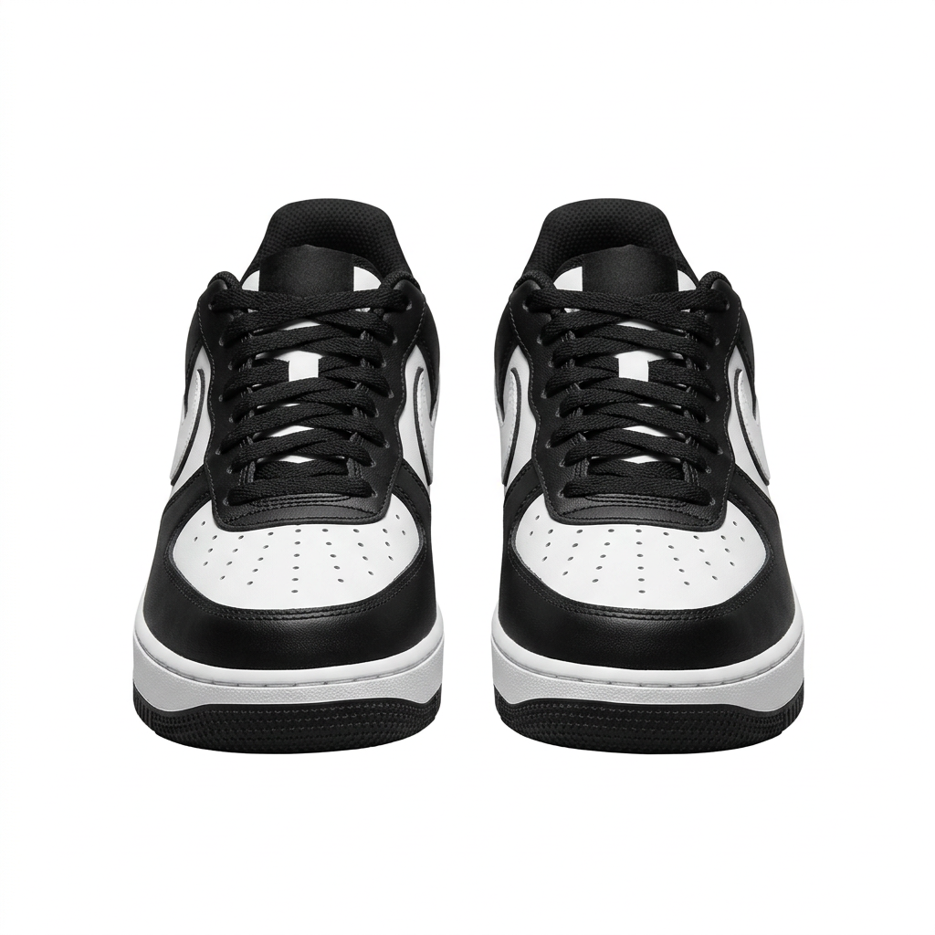 Front view of black and white Nike sneakers with black laces and perforated white toes on white.