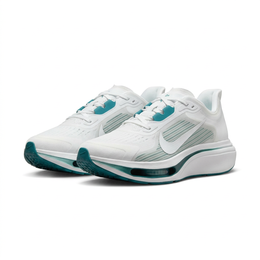 Pair of white Nike sneakers with white Swoosh, grey-green panels and teal sole accents on white.