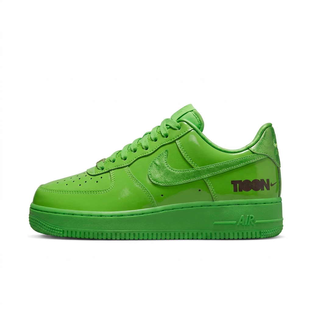Glossy bright green Nike Air Force 1 sneaker with tonal Swoosh, side view on white background