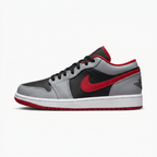 Black grey and red Air Jordan 1 Low sneaker, side view on white background