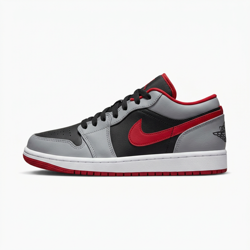 Black grey and red Air Jordan 1 Low sneaker, side view on white background