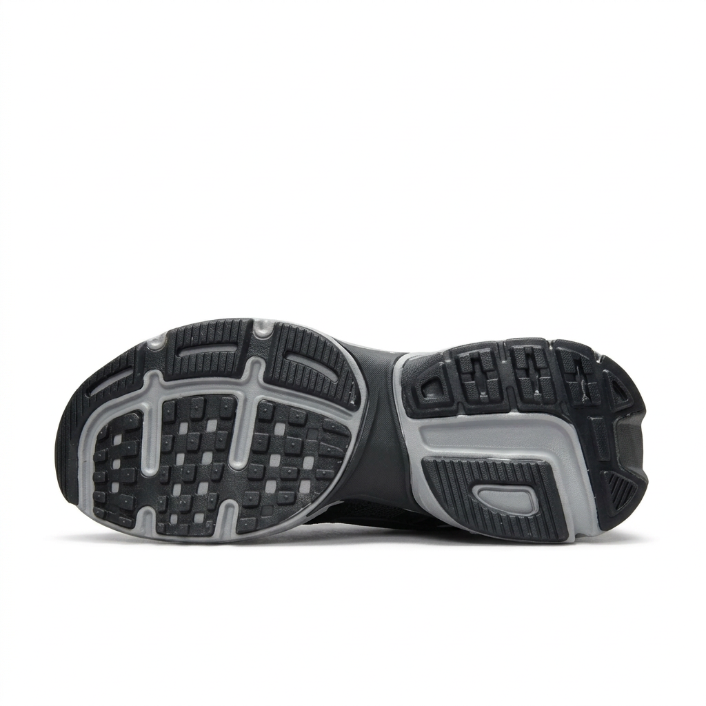 Black and grey Nike sneaker outsole with segmented tread on white background
