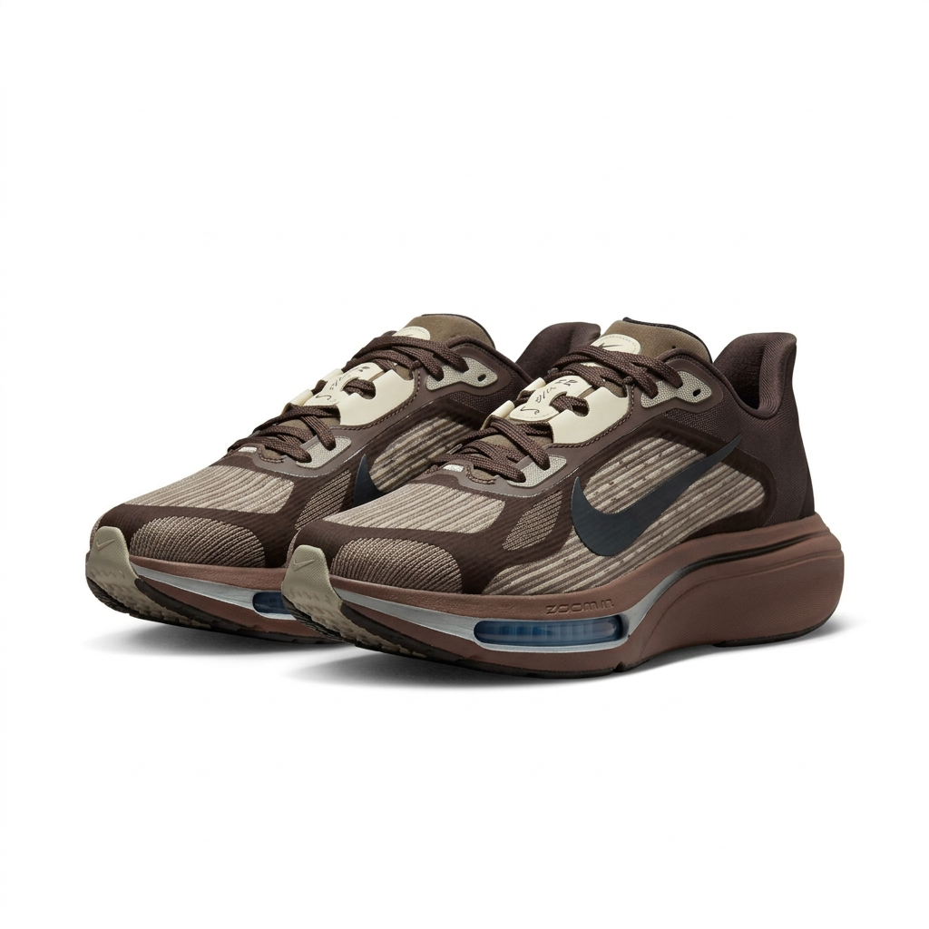 Pair of dark brown and taupe Nike sneakers with charcoal Swoosh and blue forefoot windows on white.