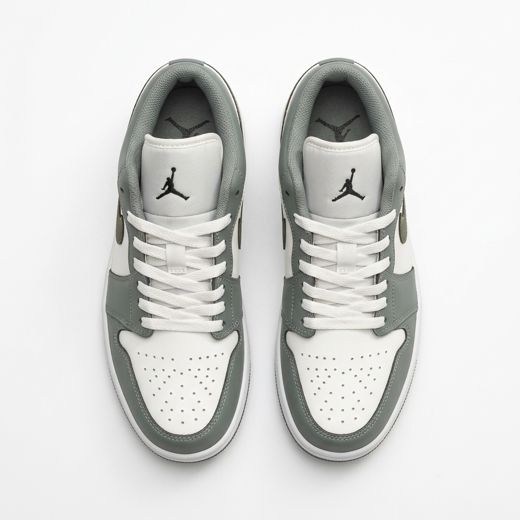 Top view of the grey and white Air Jordan 1 Low sneakers