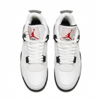 White Air Jordan 4 sneakers with black lace tabs, overhead view on white background