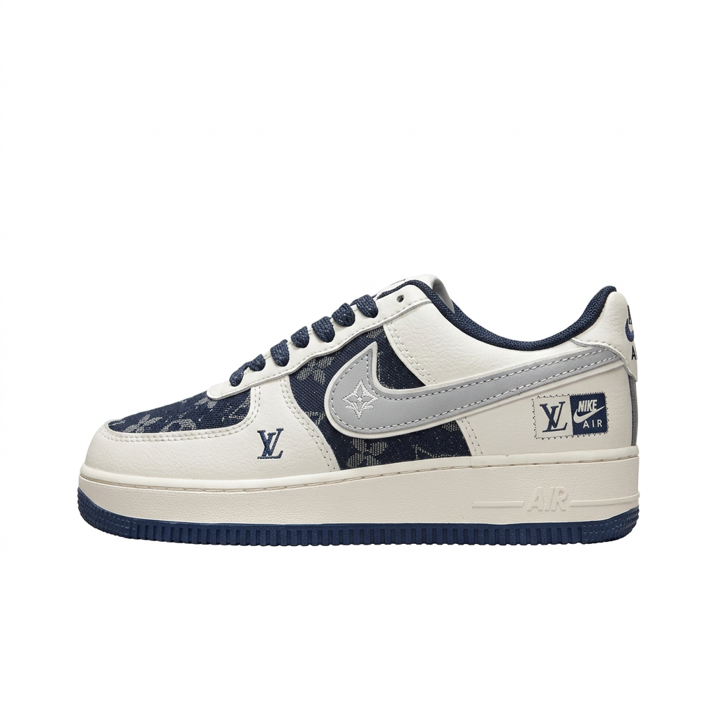 Left-facing cream and navy patterned Nike low-top sneaker with grey Swoosh on white.