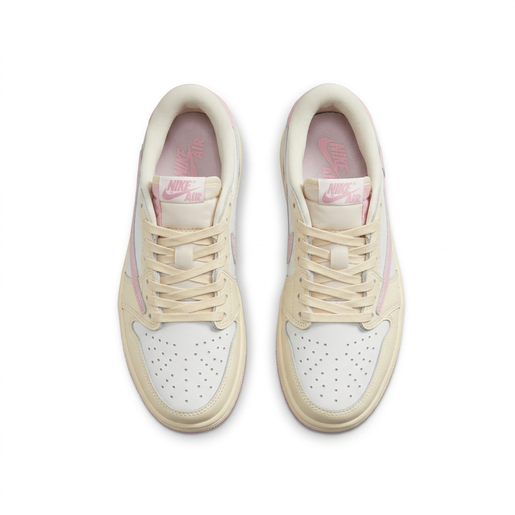 Cream and white sneakers with pink tongue details, top view on white