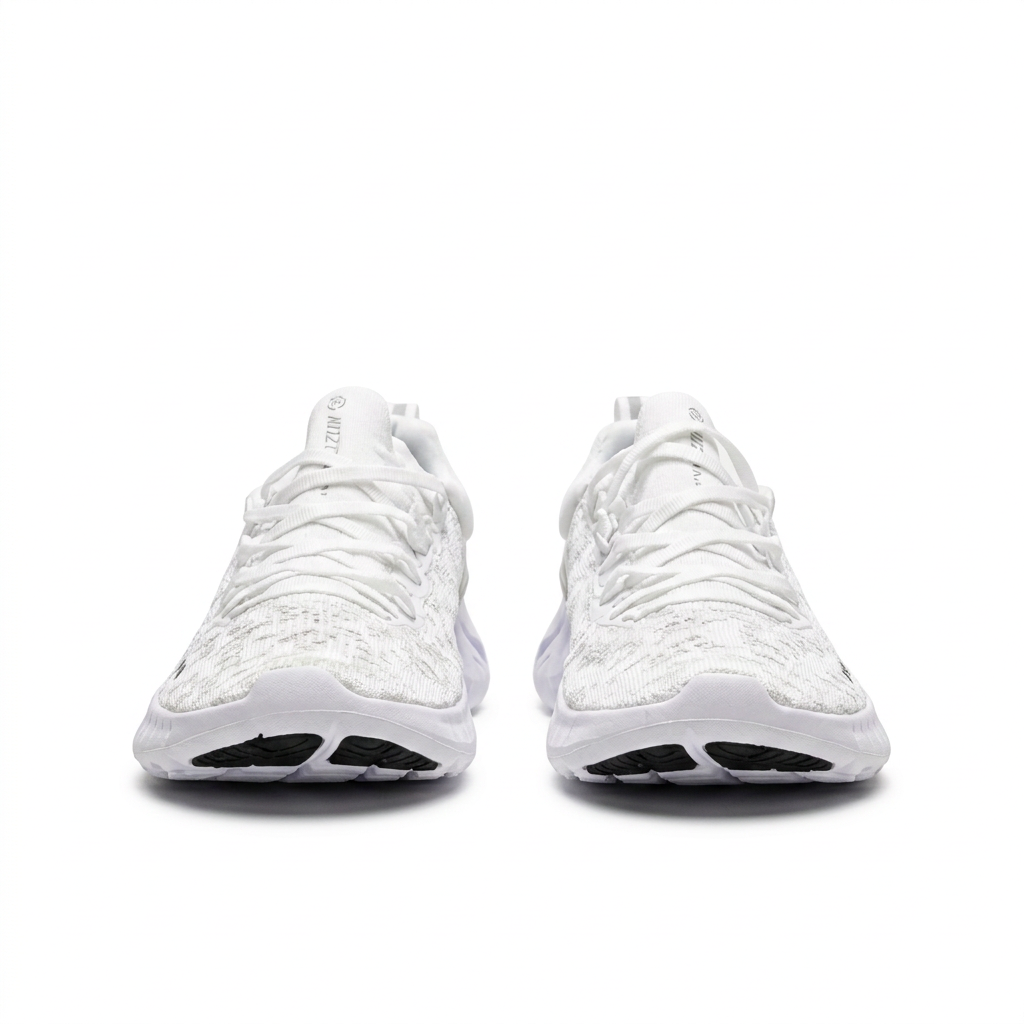 Front view of white Nike lace-up sneakers on white background