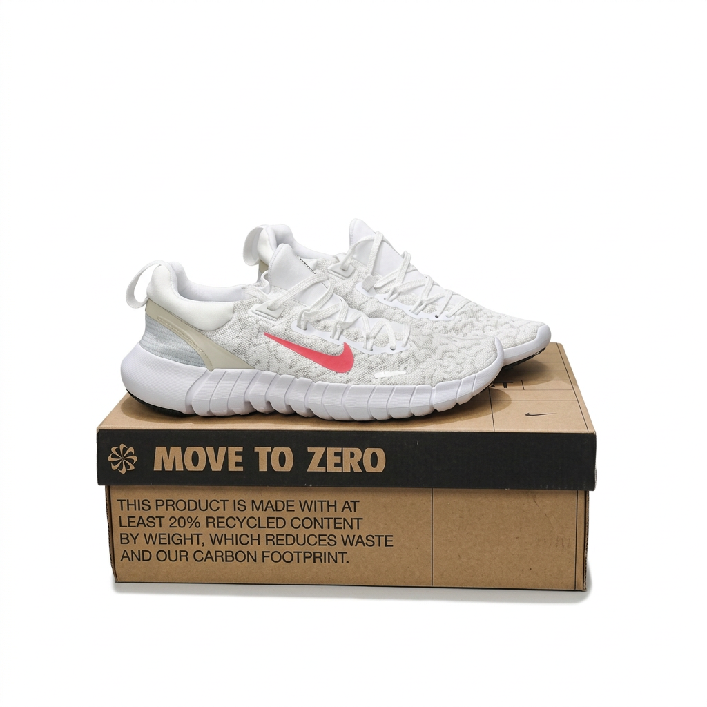 White Nike sneakers with pink Swooshes displayed on brown shoebox on white background