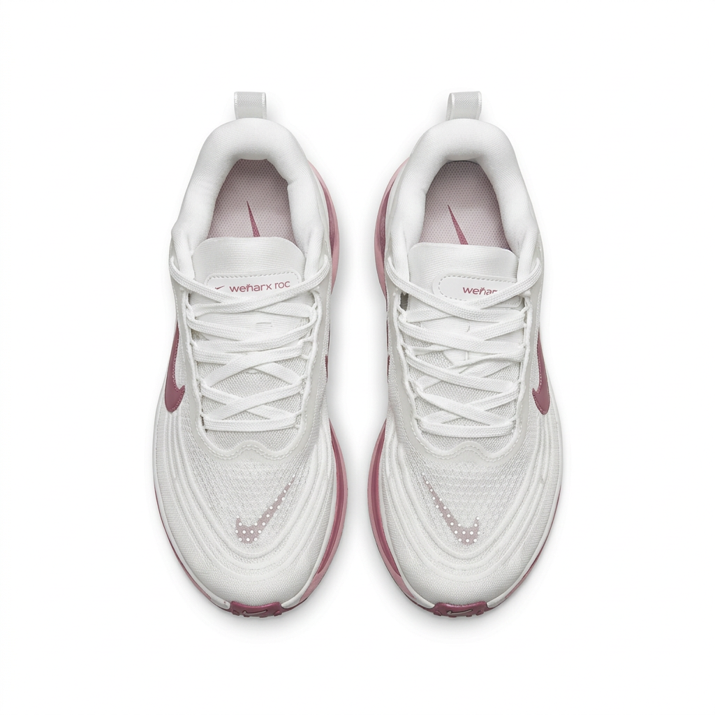 White Nike sneakers with pink accents and white laces, overhead view on white background
