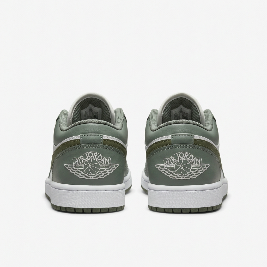 Heel view of the grey and white Air Jordan 1 Low sneakers with Wings logo