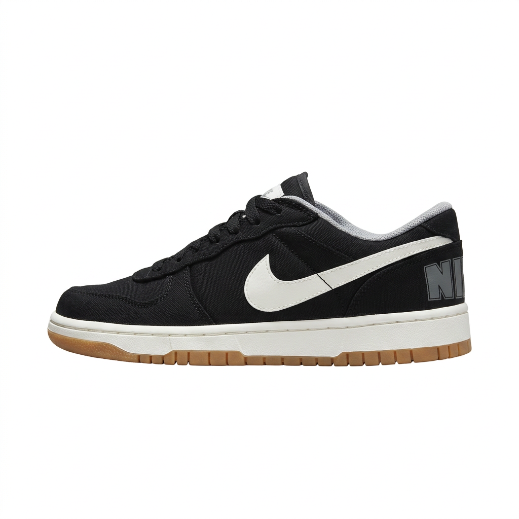Black Nike sneaker with white Swoosh and gum-colored outsole, side view on white background